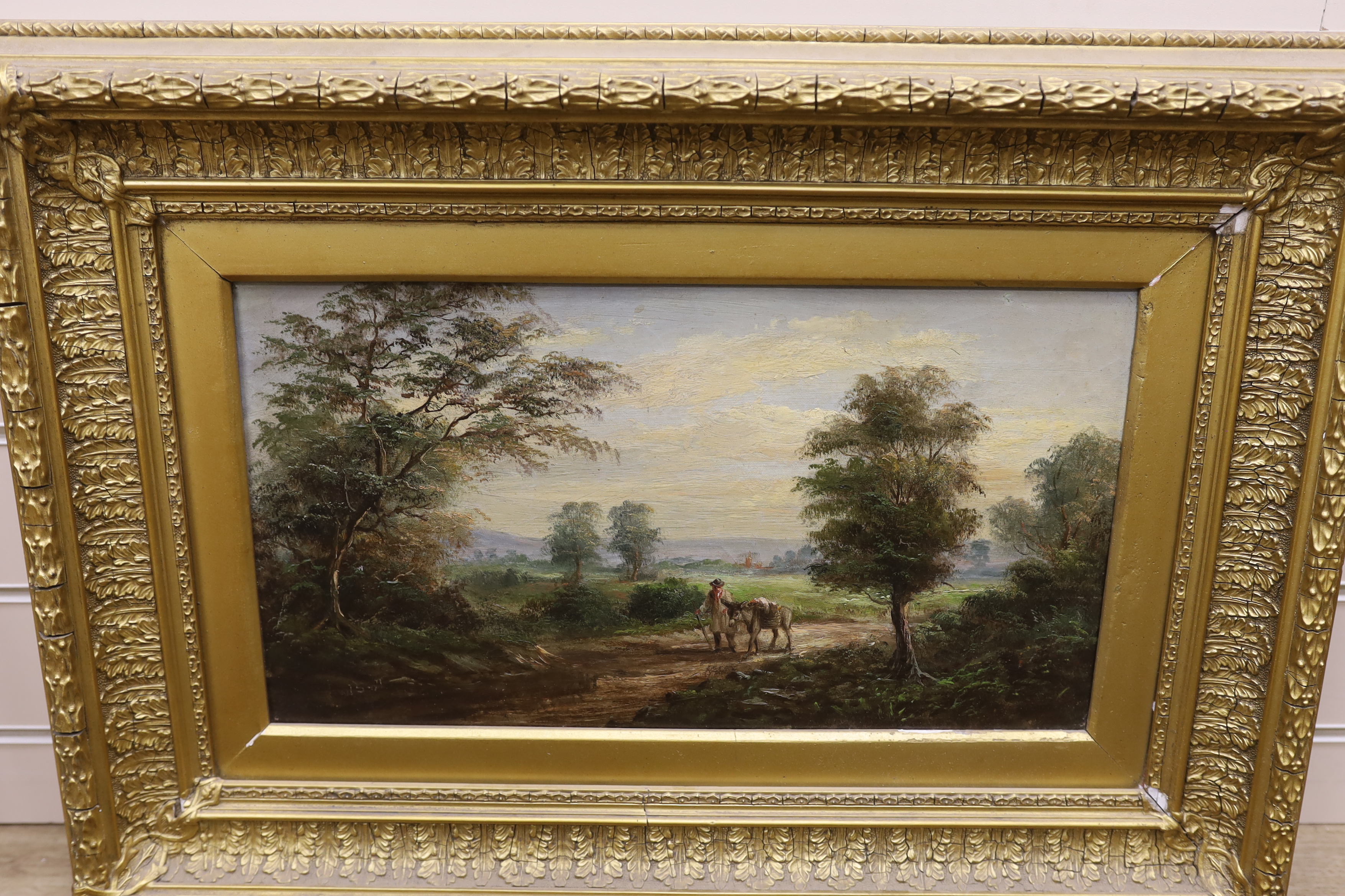 19th century, four oils on canvas, Landscapes, two signed S. Thompson, one signed J. Scott, 26 x 45cm, ornate gilt framed